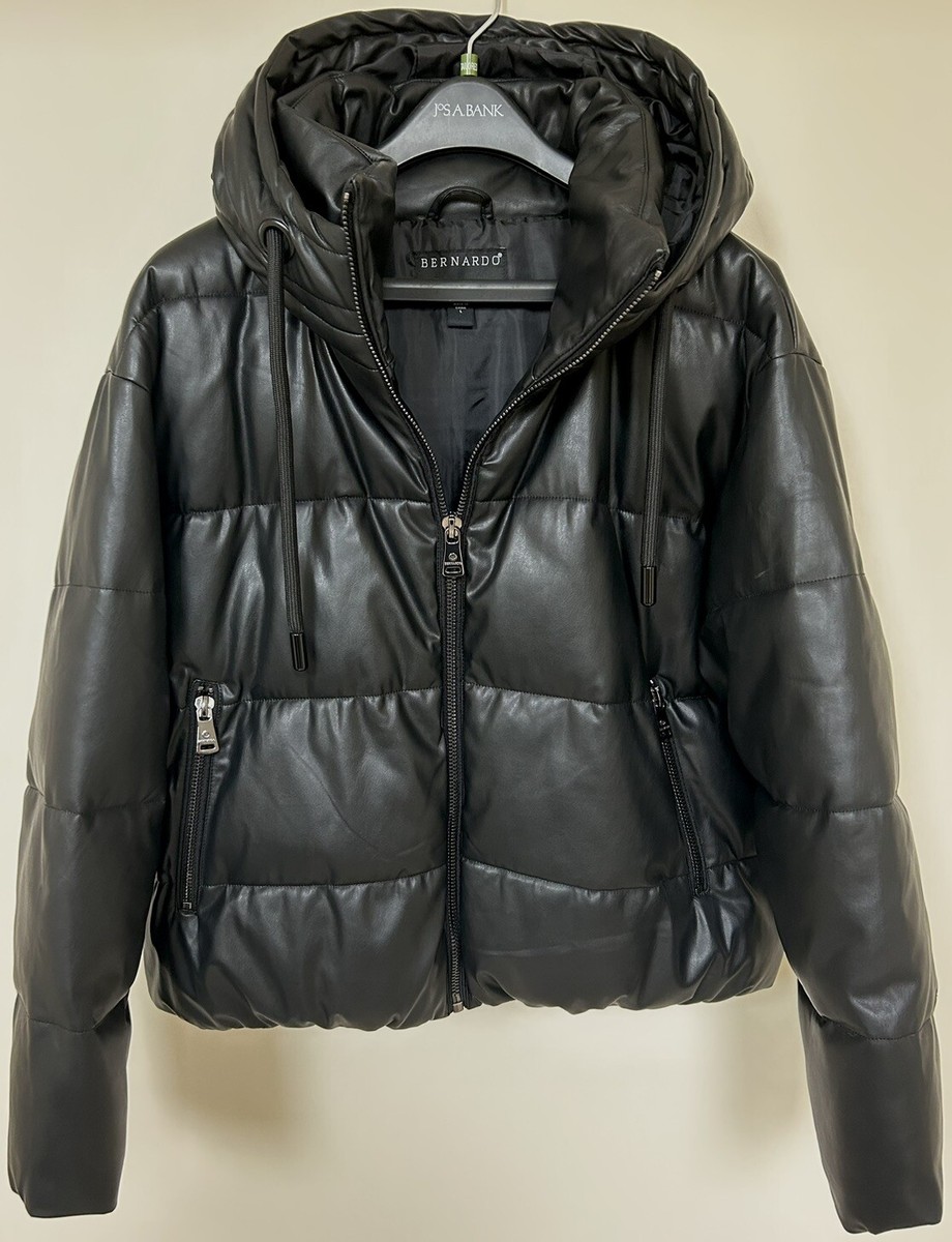 BERNARDO Faux Leather Puffer Jacket With Hood Women’s L Black