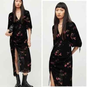 ALL SAINTS Kwiatowa Safiya Solanio czarna różowa długa sukienka maxi UK6 US2 Sugerowana cena detaliczna 200 £