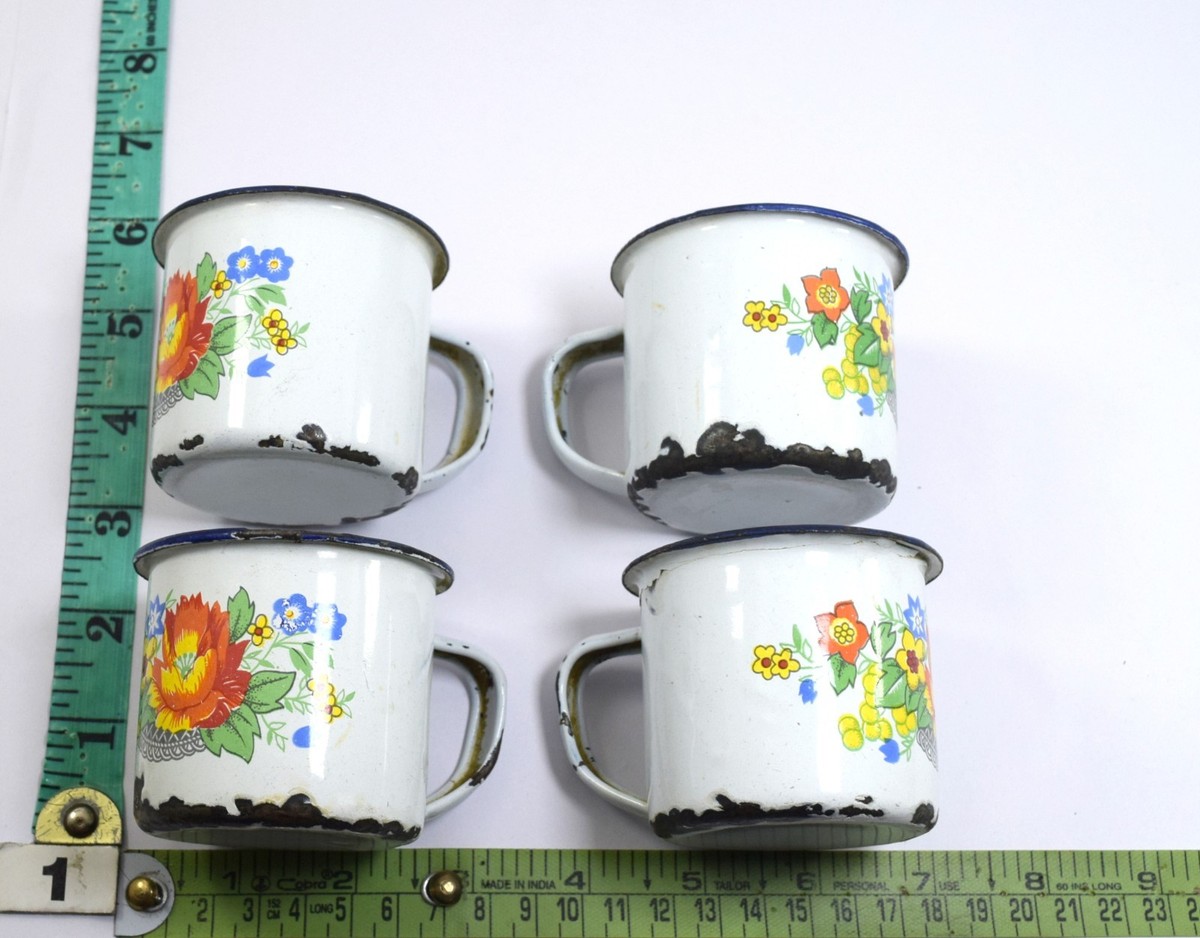 Set OF 4 Vintage Retro Tea Cup Orange Flower Pattern Enamel Work