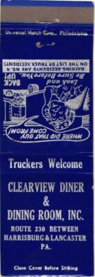Clearview Diner & Dining Room, Inc., Harrisburg, Penna, Vintage Matchbook Cover