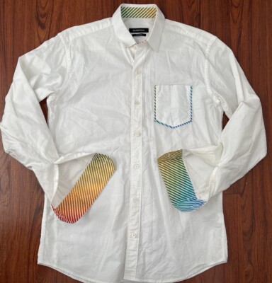 bugatchi white dress shirt BUGATCHI Mens Small Button Up Shirt White Stripe Contrast Cuffs Shaped Fit
