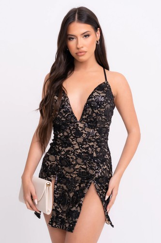 Black Nude Plunge Lace Floral Sequin Double Thigh Slit Mini Dress - Picture 6 of 10
