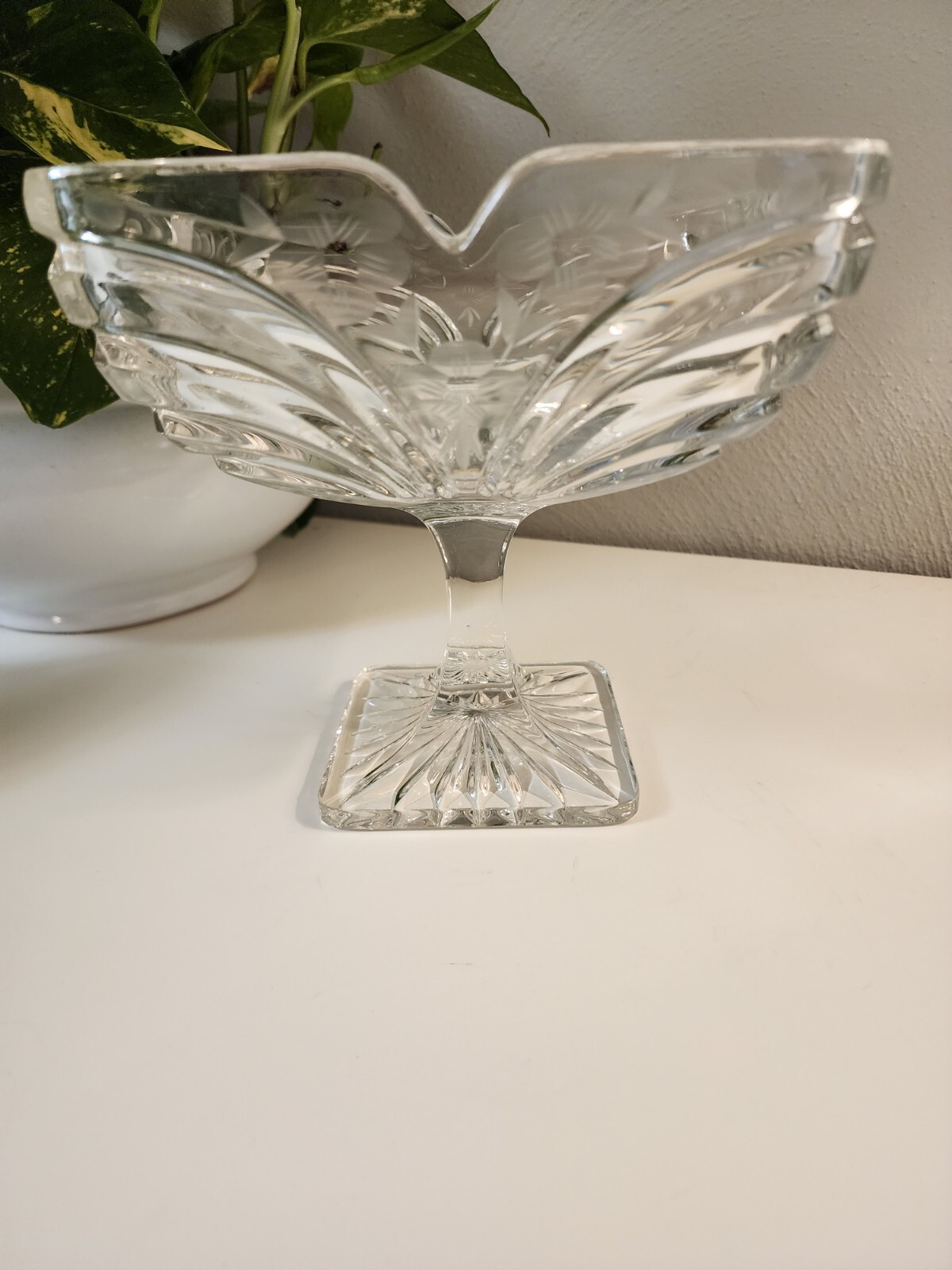 Crystal Clear Industries Cut & Etched Windsor Pedestal Comport Made in Poland