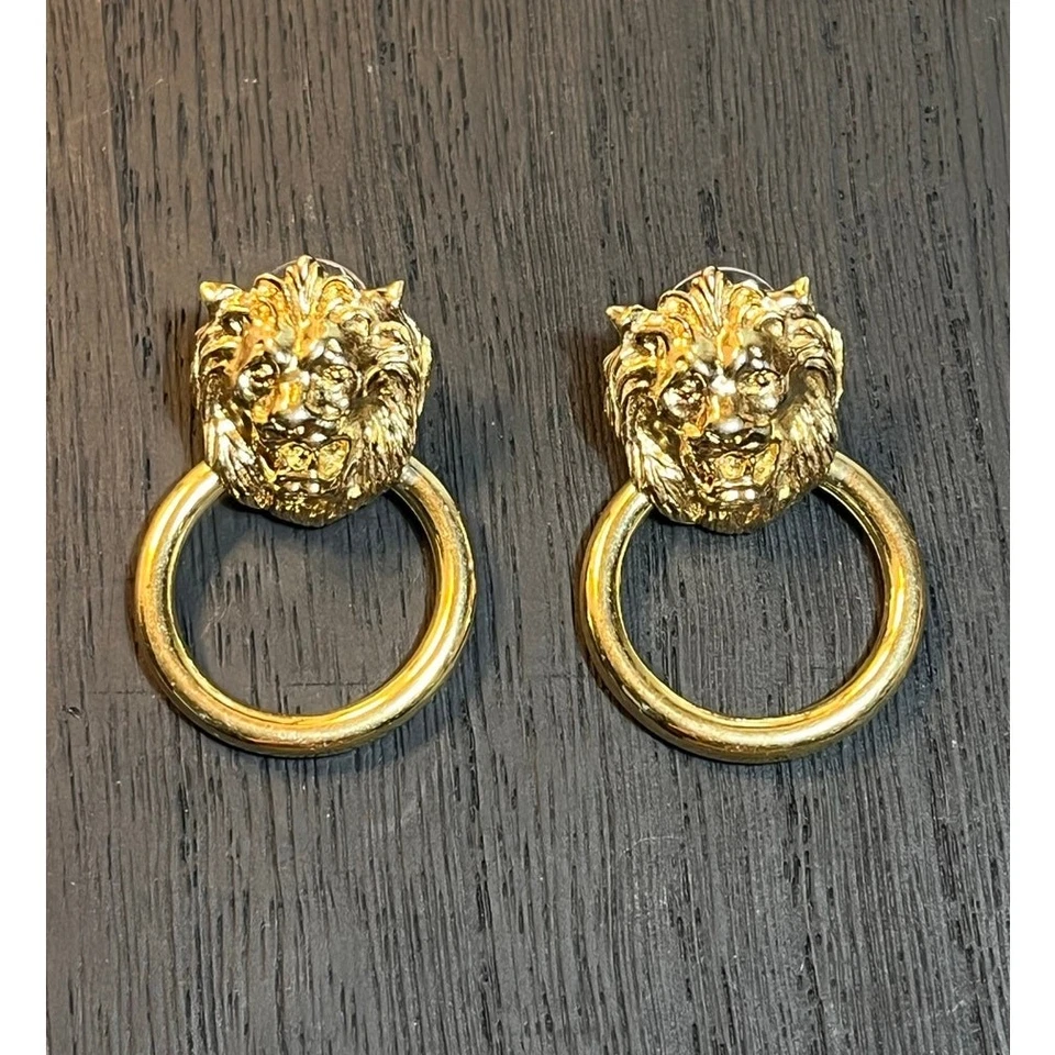 Vintage Style Gold Lion Head Door Knocker Pierced Statement Earrings - Image 2 of 4