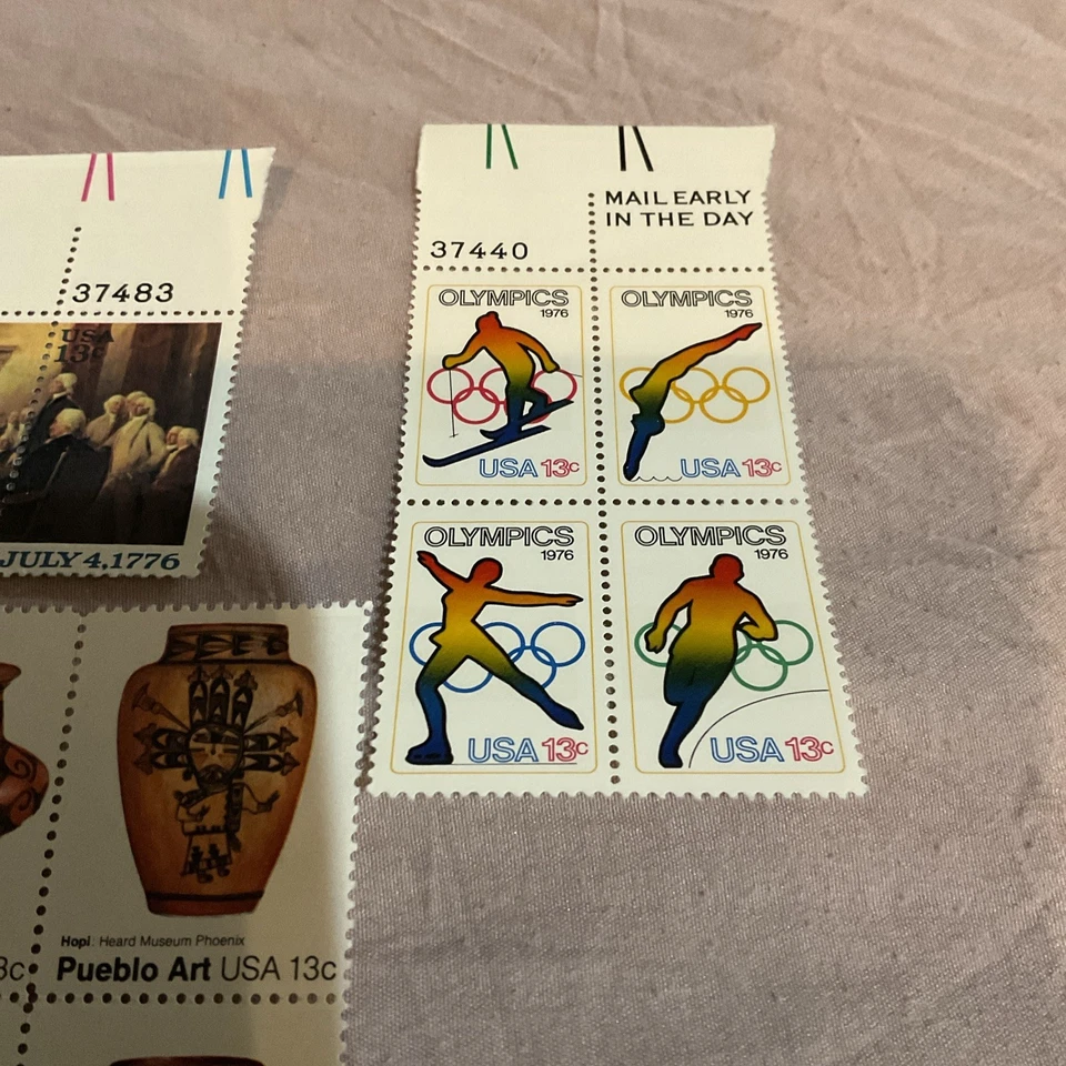 US Stamps 13 cent 3 Blocks of 4 Olympics, Pueblo Art, 1776, Unhinged Great Cond - Image 4 of 4