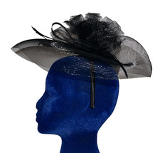 CUSTOM CRAFTED Black Mesh Textile  Feather Fascinator Head-Band Hat