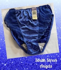 VINTAGE OLGA 40022 BLUE BODYSATIN SEMI SHEER SATIN HI-CUT PANTIES LARGE