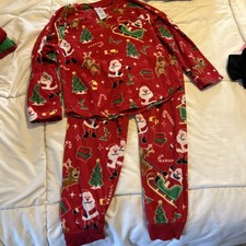 Preowned Red DancingChristmas Santa Reindeer Holiday Kids Sz 7/8 2019 Pajama Set