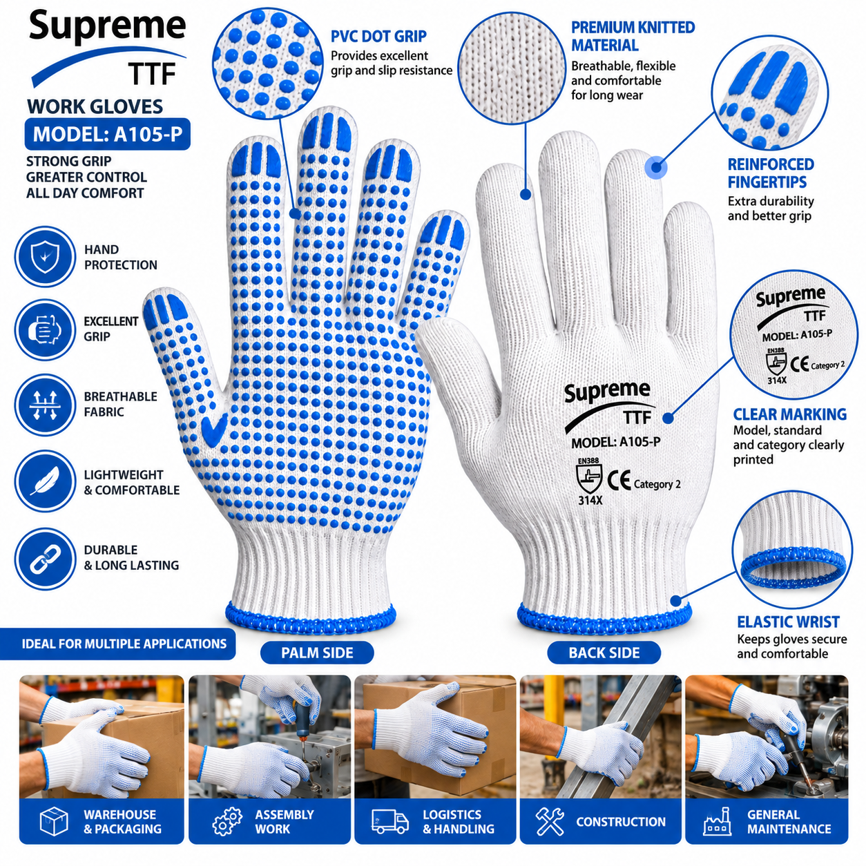 A105-P Navy Blue Work Gloves Features