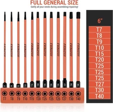 12 Pcs Long Torx Bit Set, 6-Inch T7 to T40, 1/4 Inch Hex Shank, Tamper Proof