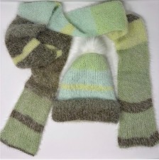 Fuzzy Multicolored Striped Knit Hat and Scarf Set