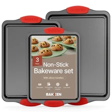 Baking Pan Set – 3 Piece Cookie Sheet – Deluxe Black Non-Stick Carbon Steel –