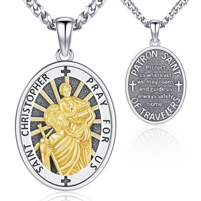 Gold-plated Saint Christopher Necklace for Men Women Sterling Silver St Chris...