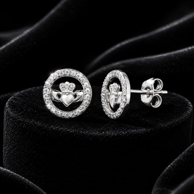 Kanal Set Claddagh Ohrstecker Sterling Silber 925 gepunzt British Made