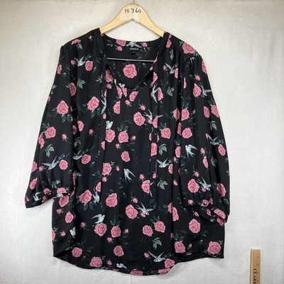 Torrid Plus Size 3X Black Pink Birds Roses Lightweight Blouse Dark Romantic