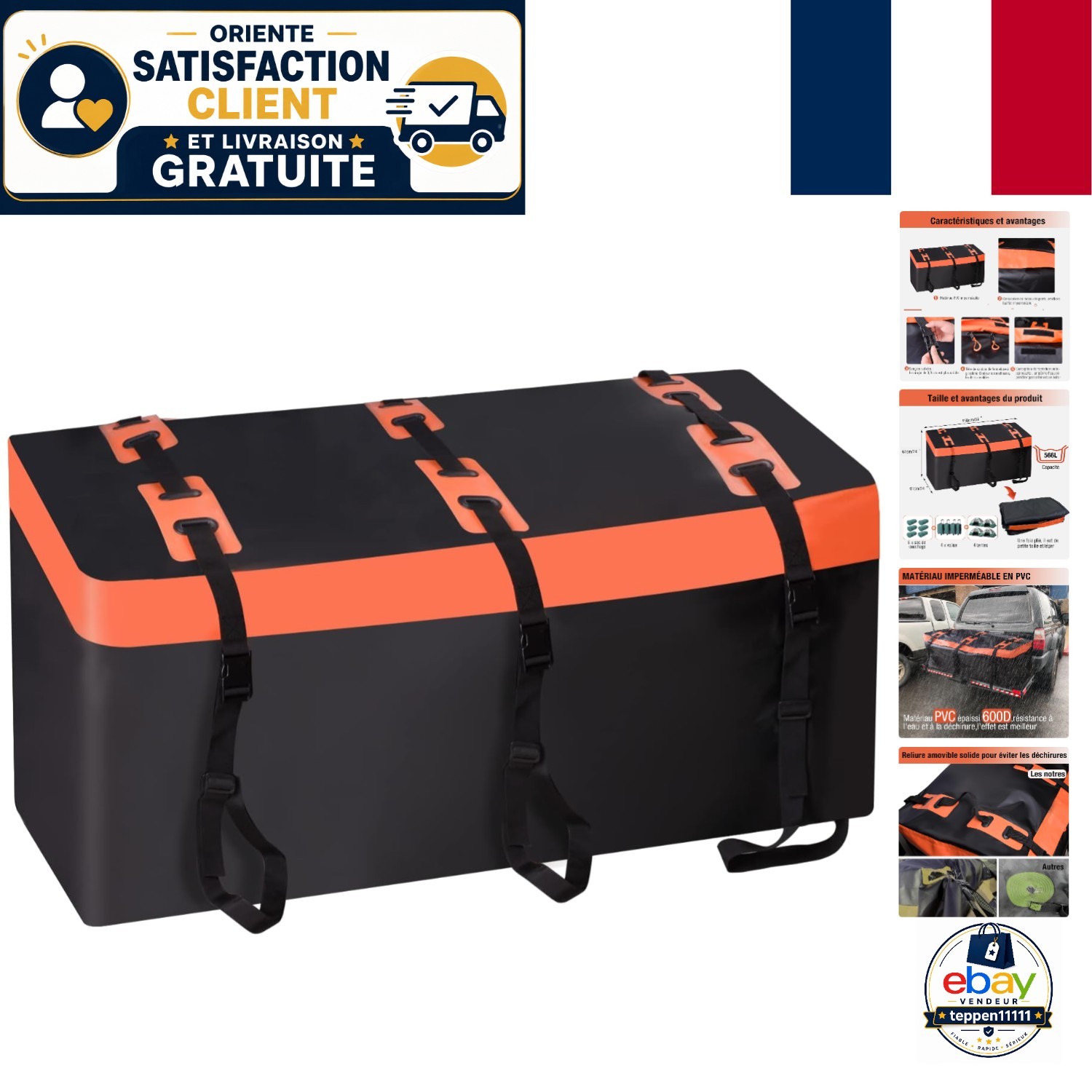 Coffre de toit de voiture 566L étanche grand volume sac de toit pliable noir