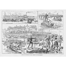 Captain Boyton's Water Frolic on the Thames - Antique Print 1893
