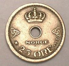 1927 Norway Norwegian 25 Ore Crowned Hole Coin VF+