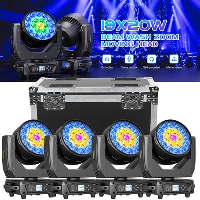 RGBW 19x20W LED Zoom Moving Head Stage Light DMX Beam Wash Lighting Disco w/Case