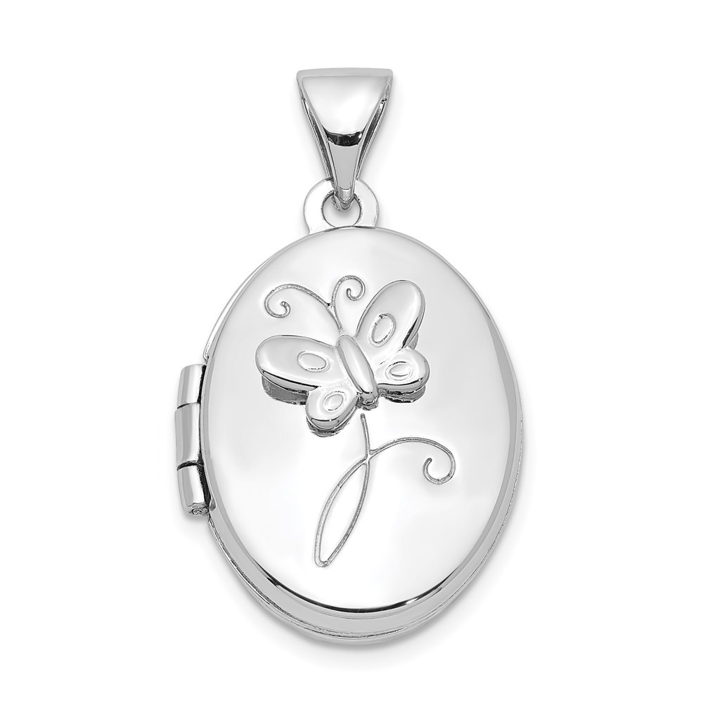 Sterling Silver Rhodium-Plated Butterfly Oval Locket Pendant 17x14mm 1.41g