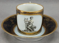 KPM Berlin Hand Painted Neoclassical Figures Cobalt & Gold Cup & Saucer C. 1790