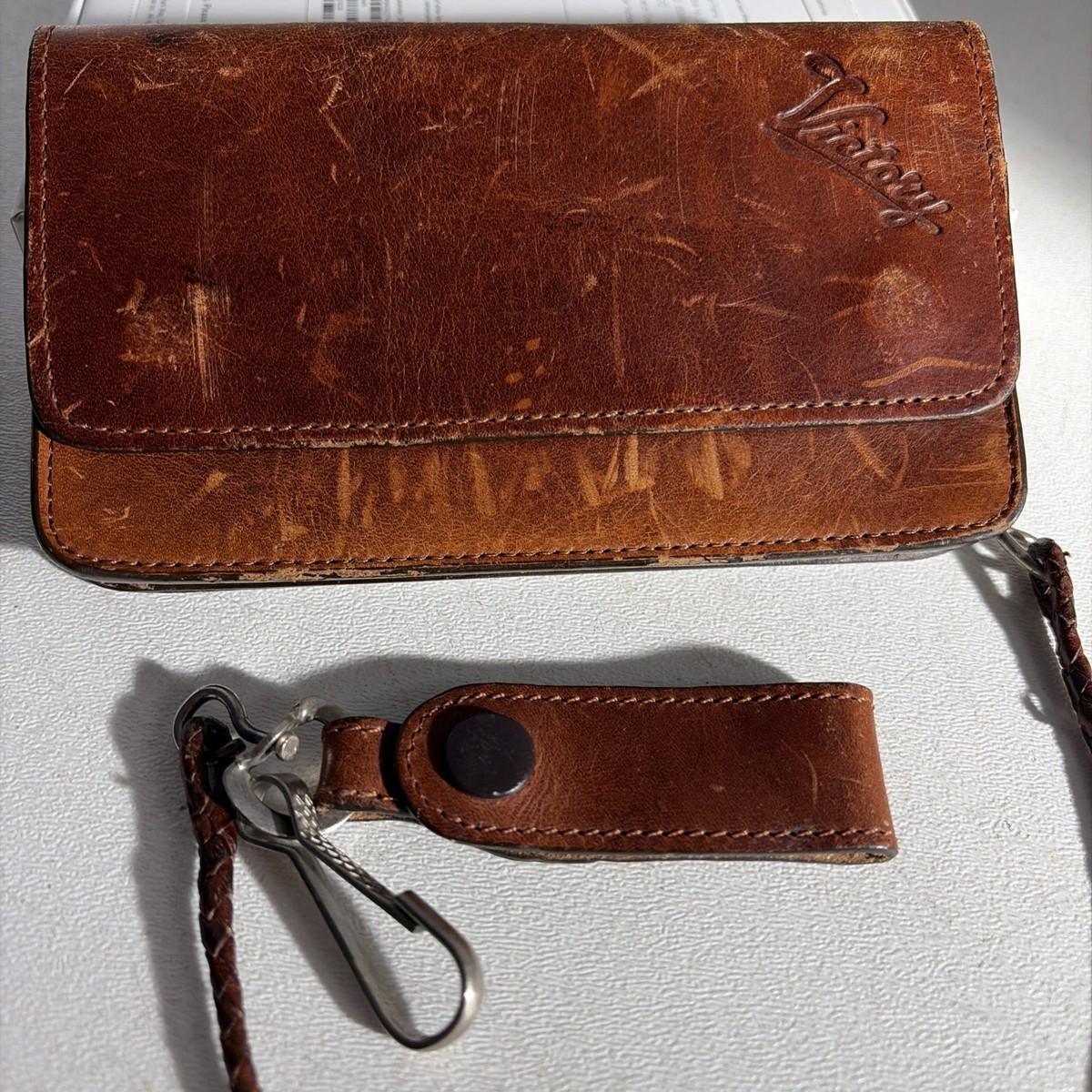 Rare Victory Motorcycles Brown Leather Biker Wallet Braided Chain