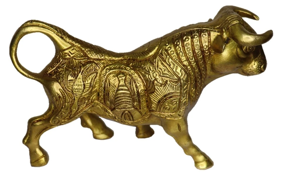 Lord Ganesha & Buddha Engraved Bull Pair Figure Handmade Brass Home Decor Statue - Image 3 of 4