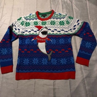Men's Festive Shark Crewneck Sweater - Blue, Green, Red Blizzard Bay Medium 106