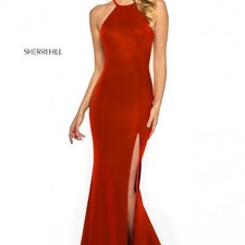 Sherri Hill gown 52481 stretch halter high slit mermaid gown red 2