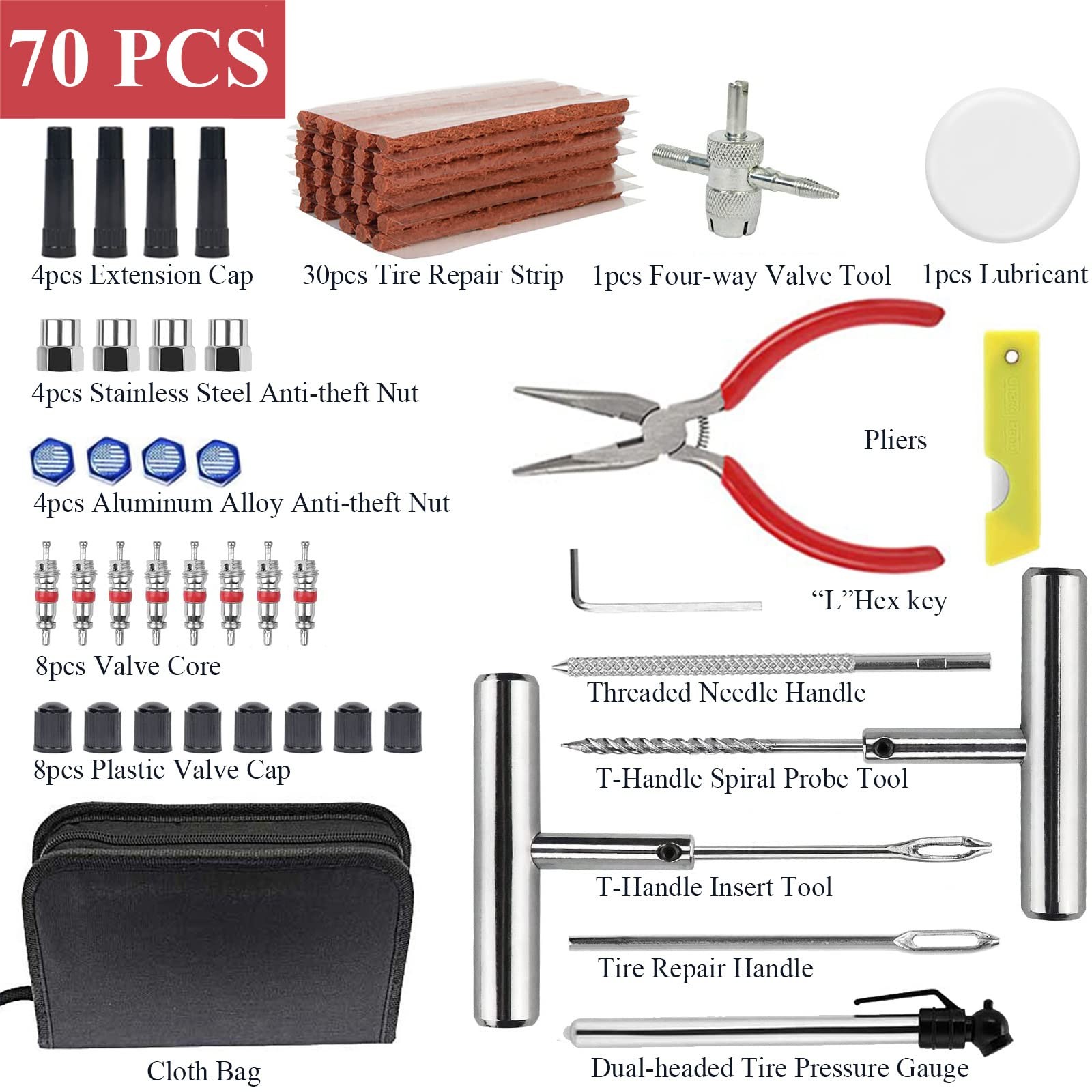 Kit Riparazione Pneumatici Auto e Moto 70 Pezzi Ripara Gomme Attrezzi per Emerge - Miniatura 17