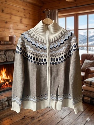 Damen Woll Strickjacke Norweger Muster Zip Cardigan Beige Grau