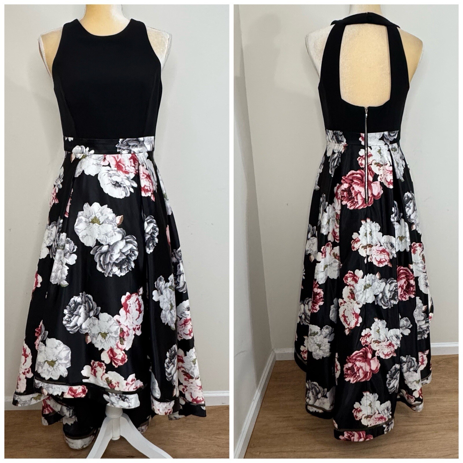 Nicole Miller Black Multicolor Floral Hi-Low Gown Size 4 with Open Back Tulle Skirt