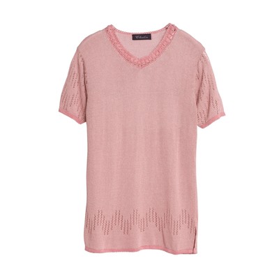 Chulin (?) Raschel Knit Crochet Collar T Sweater Rose Quartz : M