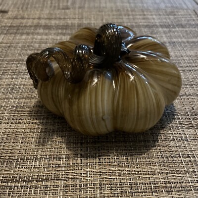 VTG Glass Pumpkin Brown Curly Stem Squashed Fall Thanksgiving Halloween