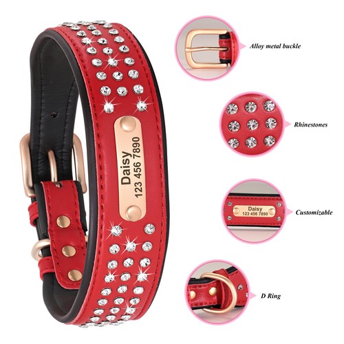 Personalisiert Echtes Leder Hundehalsband Namen Strasshalsband Mittelgroße Hund - Picture 10 of 16