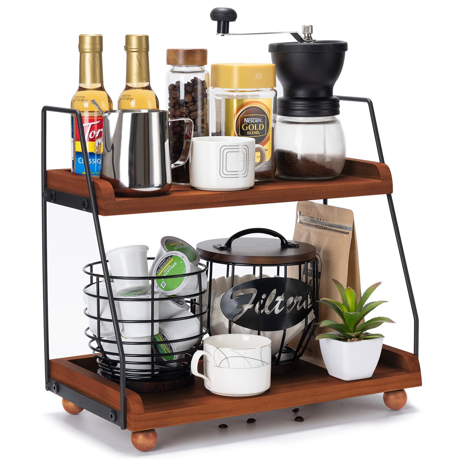 2 Tier Coffee Bar Accessories and Organizer Shelf,Wooden Coffee Station Organ...