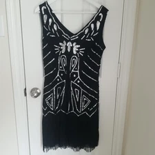 AUTHENTIC Babeyond 1920's XL Party Silver Sequins & Beaded Black Flapper Dress 