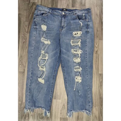 I&M Black Label Womens Plus Size 20 Distressed Fringe Hem Tapered Blue Jeans