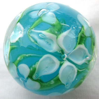 22mm HIBISCUS Teal Blue/white flower Handmade art glass Marble