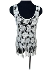 Sugar Lips Tank Top Crochet Fringe Women Size S Cream Floral Festival Concert