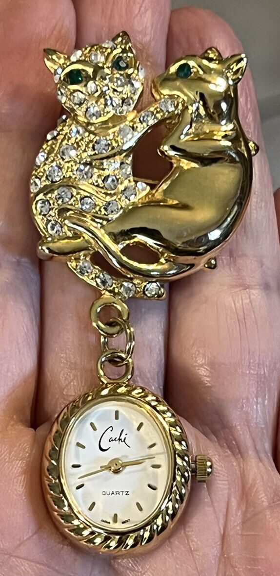TWO CAT Gold Tone with Rhinestones Dangle Brooch Pin Quartz Watch by Cache