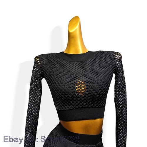 Black Striped Latin Dance Skirt Dancing Performance Women Tops Ballroom Dress - Picture 15 of 27