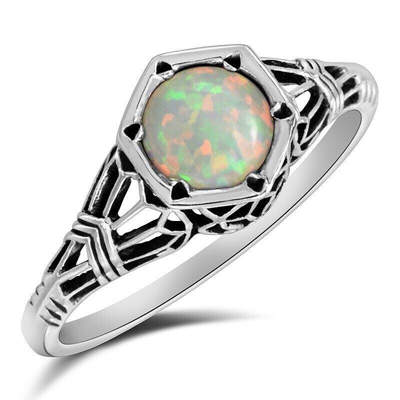 1CT Natural Fire Opal Victorian Sterling Silver Ring Size 7 ZF-3
