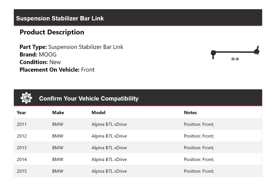 Barra estabilizadora de suspensión delantera MOOG para BMW Alpina B7L xDrive 2011-2015 Foto 2 de 4