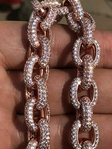 Icy Hip Hop Rolo Bracelet Rose Gold Plated Real Solid 925 Silver CZ 12mm - Picture 8 of 12