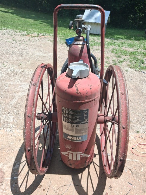 Vintage Red Chemical Fire Extinguishers On Wheels With Hose & Nozzle