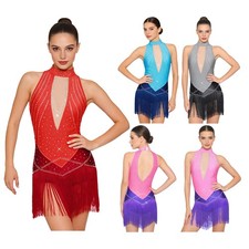 Women Bodysuit Rhinestones Dress Color Blocking Jumpsuit Tassel Dance Leotard