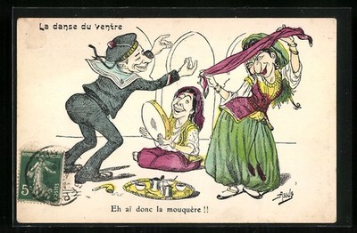 Ansichtskarte La danse du ventre, Eh ai donc la mouquère!!, Tambourin 