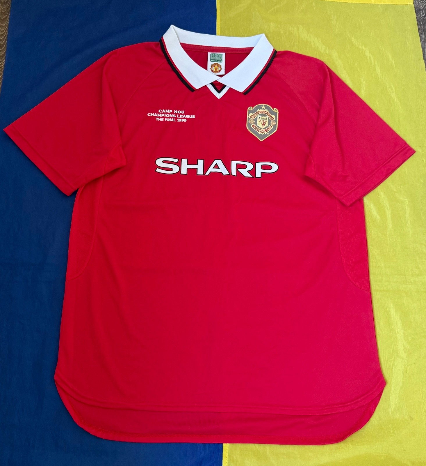 MANCHESTER UNITED 1999 CUP FINAL RETRO SOCCER JERSEY FOOTBALL SCORE DRAW Sz. XL