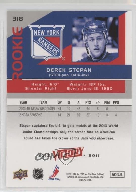 2010-11 Upper Deck Victory Rookie Derek Stepan #318 Rookie RC - Image 2 of 2
